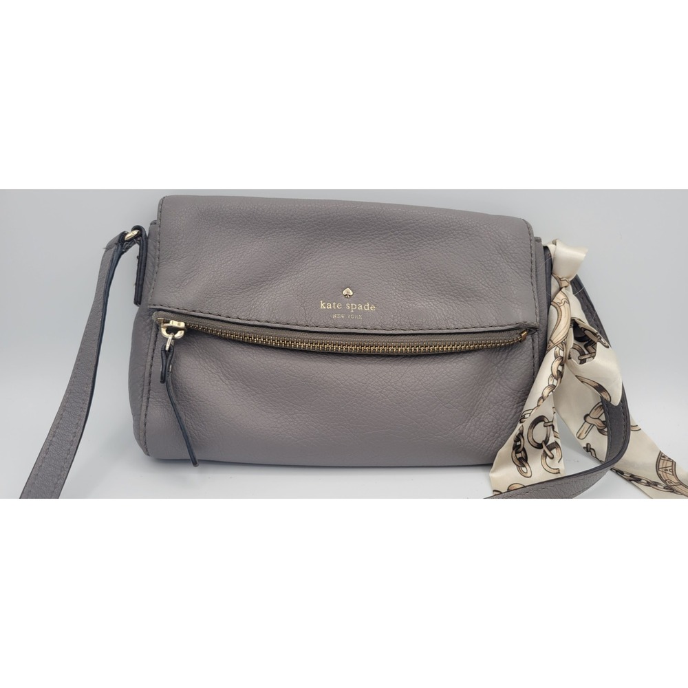 Kate Spade Polly crossbody taupe gray leather zip close shoulder strap fold-over